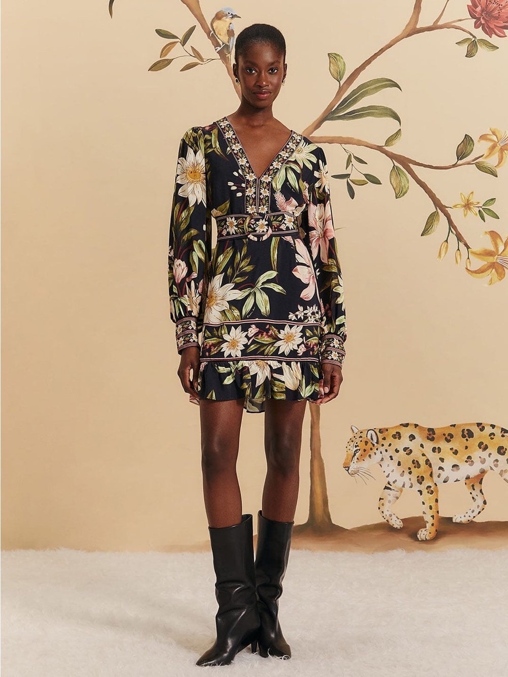 Farm Rio Black Surreal Flowers Long Sleeve Mini Dress Xsmall